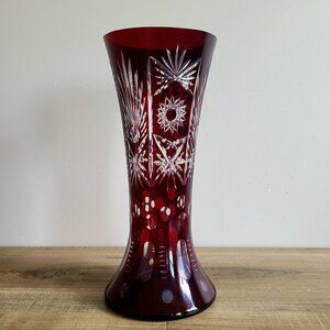 12''tall Midcentury Ruby Red Cut to Clear Czech Bohemian Glass Vase. Collectible